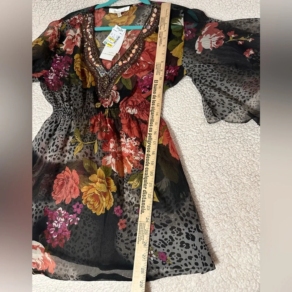 Vintage Solitaire Beaded Floral Sheer Blouse Top Animal Print Butterfly Sleeves - Picture 4 of 12